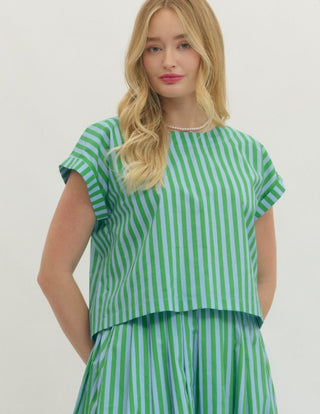 Green and blue vertical striped short sleeve crop top with a relaxed fit and back button detail.
