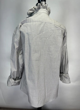 Gray and white pinstripe button-up shirt with ruffled collar, rolled cuffs, displayed from back view.