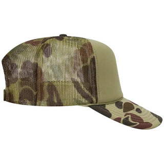 Camouflage trucker hat with mesh back, tan front panel, and camo-patterned brim in green, brown, and khaki tones.