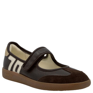 Back 70 AYA dark brown leather Mary Jane flat sneaker with velcro strap, suede toe cap, and cream "70" logo detail.