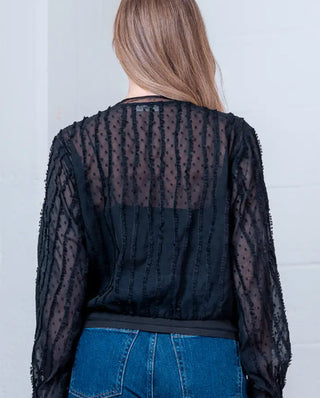 Long Sleeve Zip Up Jacket with Sheer Polka Dot Detail