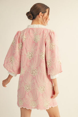 3/4 puff sleeves button down embroidered pinstripe dress