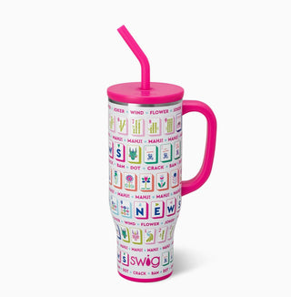 Swig 30oz Mahjong Mega Mug with pink lid, handle, and straw, featuring colorful mahjong tile print.