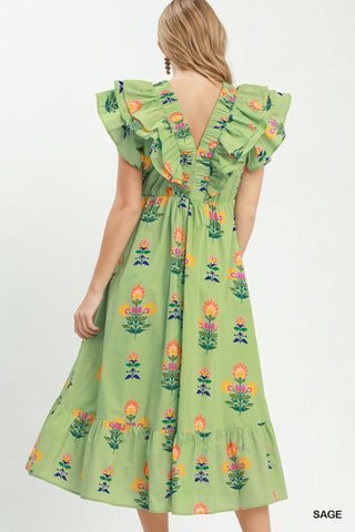 Sage green floral block print midi dress with ruffle flutter sleeves and open V-back detail.