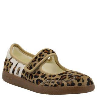 Back 70 AYA leopard print Mary Jane sneaker with white stripes, velcro strap, and gum rubber sole.
