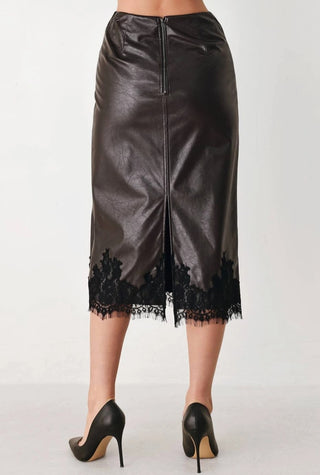 Black faux leather midi pencil skirt with black lace trim hem and back zipper closure.