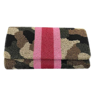 Olive green and black camouflage beaded clutch handbag with pink and burgundy center stripe detail.