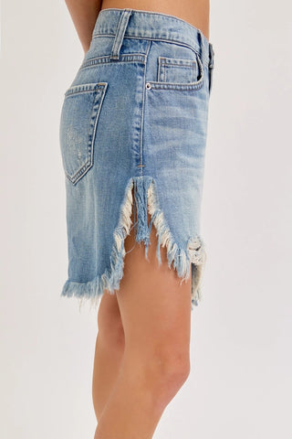 Light blue denim mid-waist cut-off shorts with heavily distressed frayed hemline and back pocket detail.