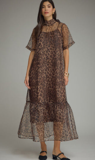 Sheer brown leopard print midi dress with flutter sleeves, high neck, and tiered ruffle hem